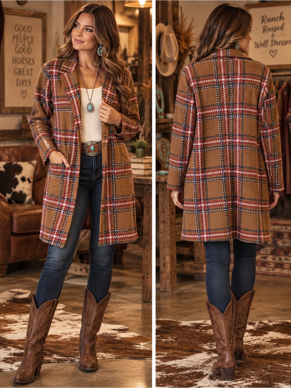 Potter’s Pot Brown Plaid Longline Coatigan Size Medium Western Boho
